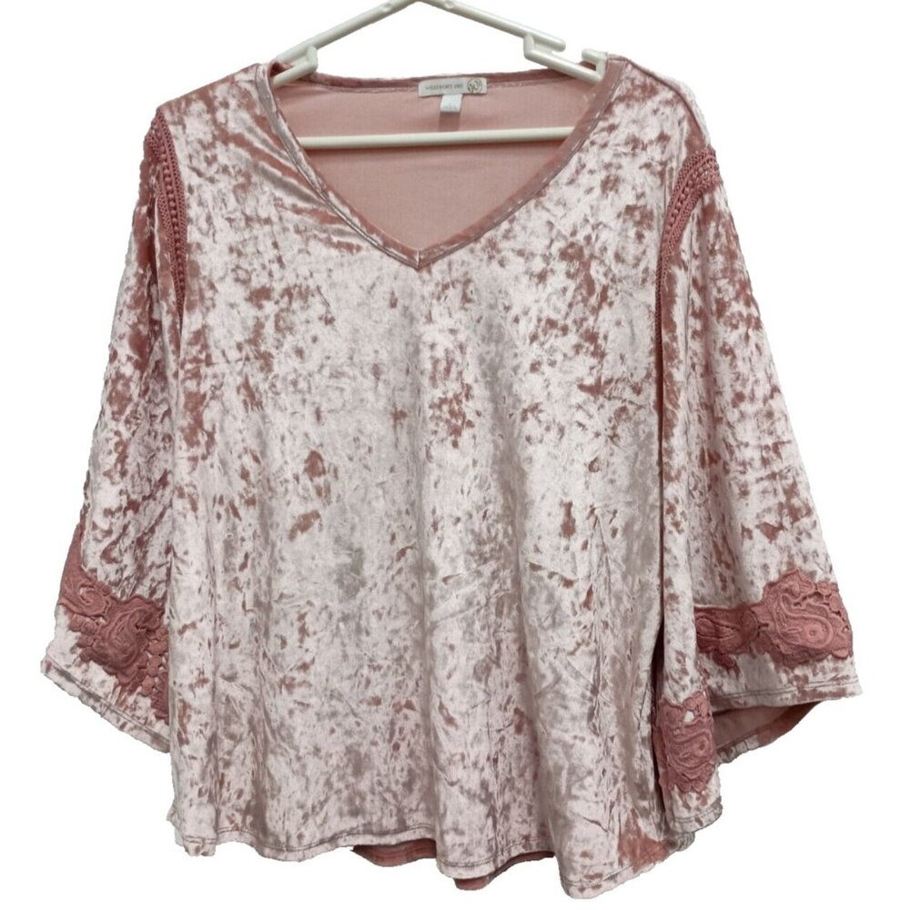 Westport BOHO Top Womens Large Pink Velvet Crochet Flared Sleeves Holidayβ